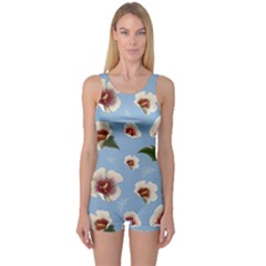 Delicate Hibiscus Flowers On A Blue Background One Piece Boyleg Swimsuit by SychEva