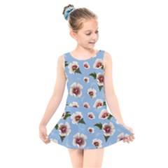 Delicate Hibiscus Flowers On A Blue Background Kids  Skater Dress Swimsuit by SychEva