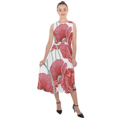Red Poppy Flowers Midi Tie-back Chiffon Dress by goljakoff