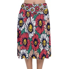 Daisy Colorfull Seamless Pattern Velvet Flared Midi Skirt by Kizuneko