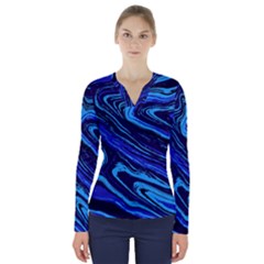Blue Vivid Marble Pattern 16 V-neck Long Sleeve Top by goljakoff