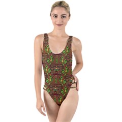 Rainbow Heavy Metal Artificial Leather Lady Among Spring Flowers High Leg Strappy Swimsuit by pepitasart