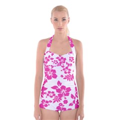 Hibiscus Pattern Pink Boyleg Halter Swimsuit  by GrowBasket