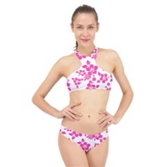 Hibiscus Pattern Pink High Neck Bikini Set by GrowBasket