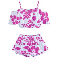 Hibiscus Pattern Pink Kids  Off Shoulder Skirt Bikini by GrowBasket