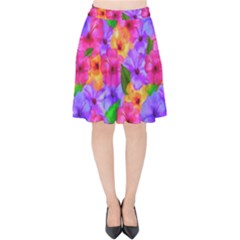 Watercolor Flowers  Multi-colored Bright Flowers Velvet High Waist Skirt by SychEva