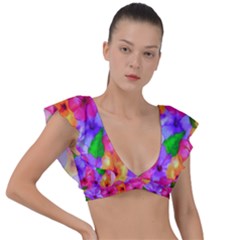 Watercolor Flowers  Multi-colored Bright Flowers Plunge Frill Sleeve Bikini Top by SychEva