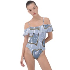   Gold Hearts On A Blue Background Frill Detail One Piece Swimsuit by Galinka