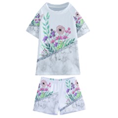 Minimal Silver Floral Marble A Kids  Swim Tee And Shorts Set by gloriasanchez