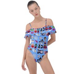 Drawing Collage Blue Frill Detail One Piece Swimsuit by snowwhitegirl