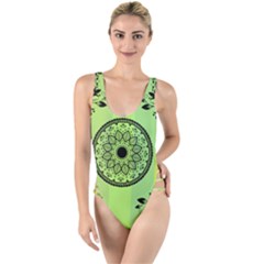 Green Grid Cute Flower Mandala High Leg Strappy Swimsuit by Magicworlddreamarts1