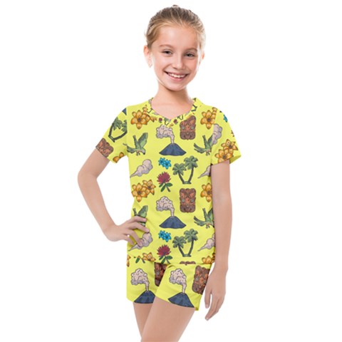 Tropical Island Tiki Parrots, Mask And Palm Trees Kids  Mesh Tee And Shorts Set by DinzDas