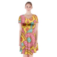 Fast Food Pizza And Donut Pattern Short Sleeve V-neck Flare Dress by DinzDas