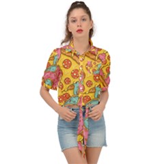 Fast Food Pizza And Donut Pattern Tie Front Shirt  by DinzDas