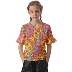 Fast Food Pizza And Donut Pattern Kids  V-neck Horn Sleeve Blouse by DinzDas