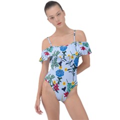 Blue Floral Stripes Frill Detail One Piece Swimsuit by designsbymallika