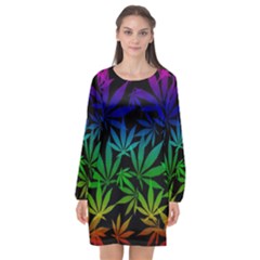 Weed Rainbow, Ganja Leafs Pattern In Colors, 420 Marihujana Theme Long Sleeve Chiffon Shift Dress  by Casemiro