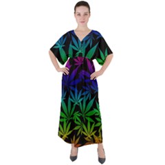 Weed Rainbow, Ganja Leafs Pattern In Colors, 420 Marihujana Theme V-neck Boho Style Maxi Dress by Casemiro
