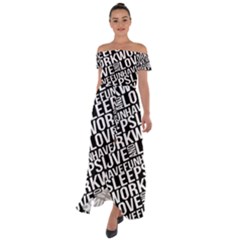 Sleep Work Love And Have Fun Typographic Pattern Off Shoulder Open Front Chiffon Dress by dflcprintsclothing