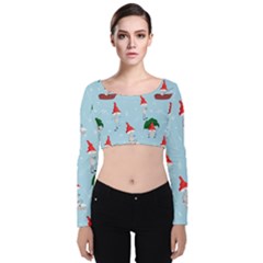 Funny Mushrooms Go About Their Business Velvet Long Sleeve Crop Top by SychEva