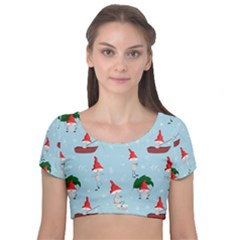 Funny Mushrooms Go About Their Business Velvet Short Sleeve Crop Top  by SychEva