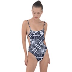 Black And White Geometric Print Tie Strap One Piece Swimsuit by dflcprintsclothing