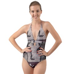 Sketchy Style Head Creepy Mask Drawing Halter Cut-out One Piece Swimsuit by dflcprintsclothing