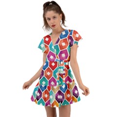 Hexagonal Color Pattern Flutter Sleeve Wrap Dress by designsbymallika
