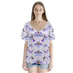 Love To The Flowers In A Beautiful Habitat V-neck Flutter Sleeve Top by pepitasart