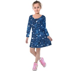 Dark Blue Stars Kids  Long Sleeve Velvet Dress by AnkouArts