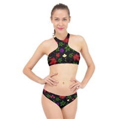 Golden Autumn, Red-yellow Leaves And Flowers  High Neck Bikini Set by Daria3107