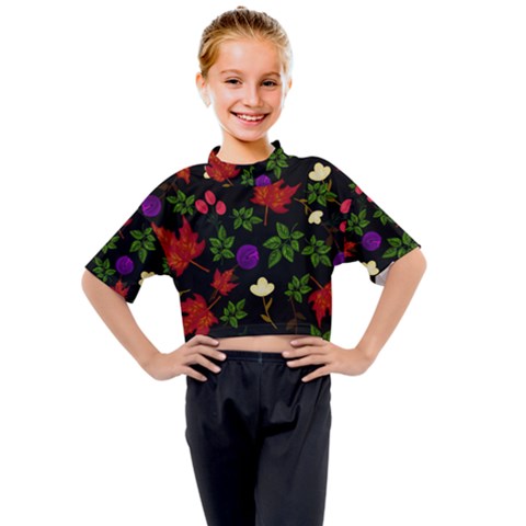 Golden Autumn, Red-yellow Leaves And Flowers  Kids Mock Neck Tee by Daria3107