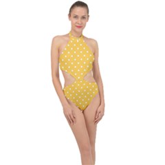 1950 Happy Summer Yellow White Dots Halter Side Cut Swimsuit by SomethingForEveryone