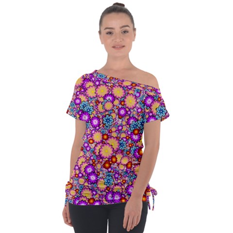 Flower Bomb1 Off Shoulder Tie-up Tee by PatternFactory