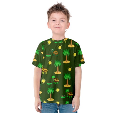 Turtle And Palm On Green Pattern Kids  Cotton Tee by Daria3107