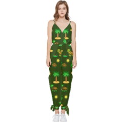 Turtle And Palm On Green Pattern Sleeveless Tie Ankle Jumpsuit by Daria3107