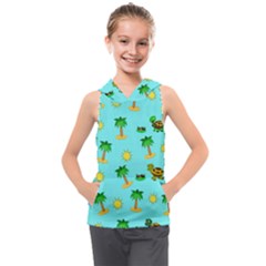 Turtle And Palm On Blue Pattern Kids  Sleeveless Hoodie by Daria3107