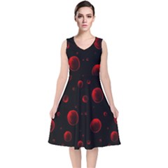 Red Drops On Black V-neck Midi Sleeveless Dress  by SychEva