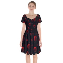 Red Drops On Black Short Sleeve Bardot Dress by SychEva