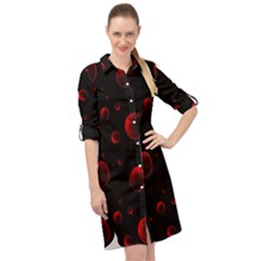 Red Drops On Black Long Sleeve Mini Shirt Dress by SychEva