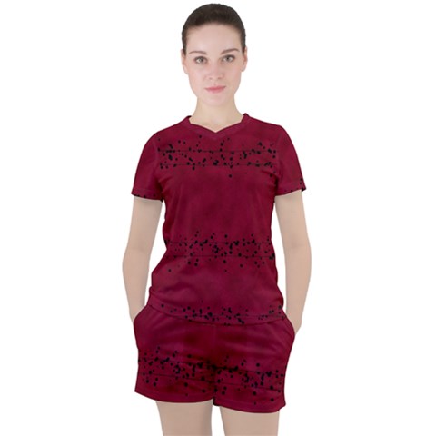 Black Splashes On Red Background Women s Tee And Shorts Set by SychEva