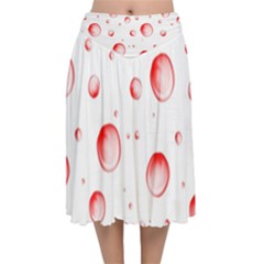 Red Drops On White Background Velvet Flared Midi Skirt by SychEva