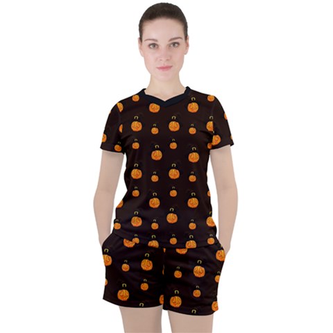Halloween Pumpkins Pattern, Witch Hat Jack O  Lantern Women s Tee And Shorts Set by Casemiro