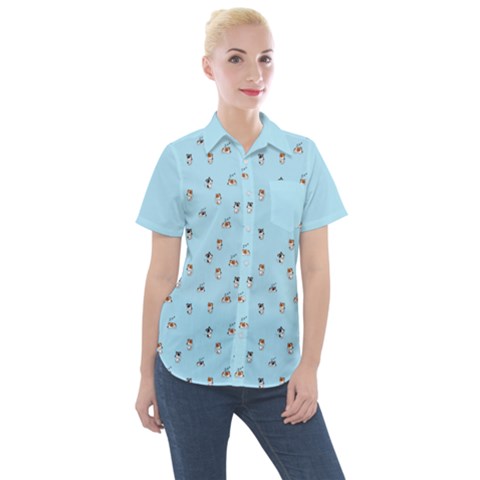 Cute Kawaii Dogs Pattern At Sky Blue Women s Short Sleeve Pocket Shirt by Casemiro