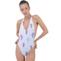 Purple And Blue Cacti Backless Halter One Piece Swimsuit View1