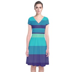 Blue Gradient Stripes  Short Sleeve Front Wrap Dress by Dazzleway