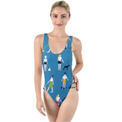 Girls Walk With Their Dogs High Leg Strappy Swimsuit by SychEva