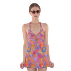 Multicolored Splashes And Watercolor Circles On A Dark Background Halter Dress Swimsuit  by SychEva