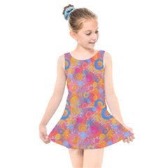Multicolored Splashes And Watercolor Circles On A Dark Background Kids  Skater Dress Swimsuit by SychEva
