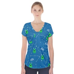 Funny Aliens With Spaceships Short Sleeve Front Detail Top by SychEva